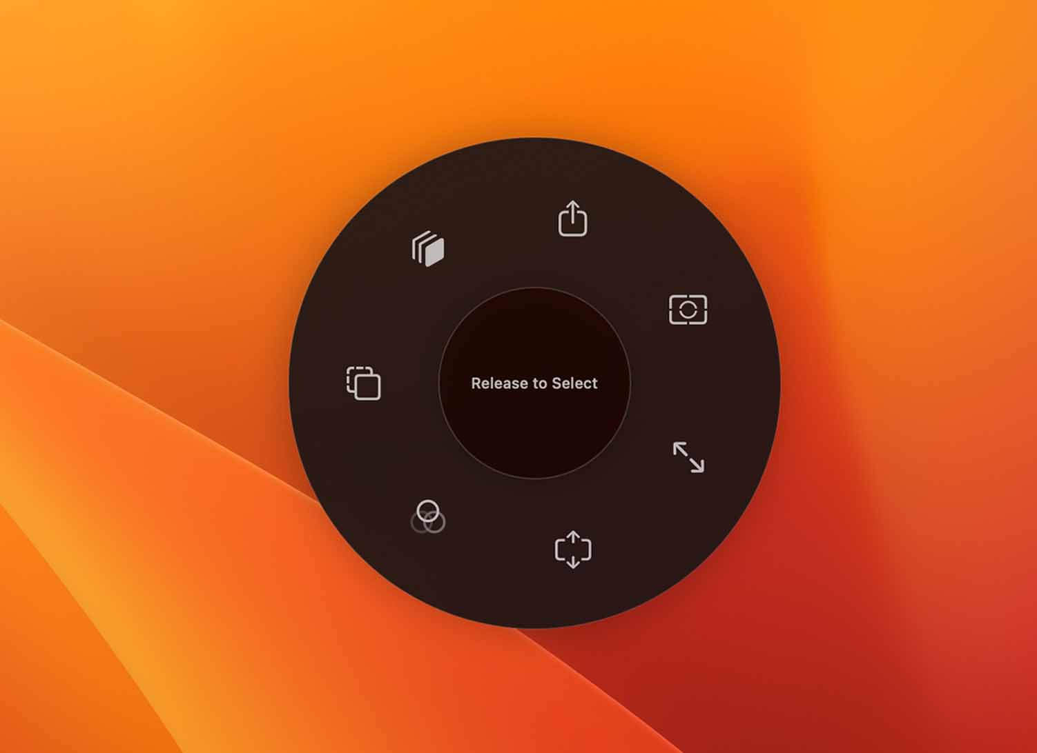 Radial menu showing different actions based on active application