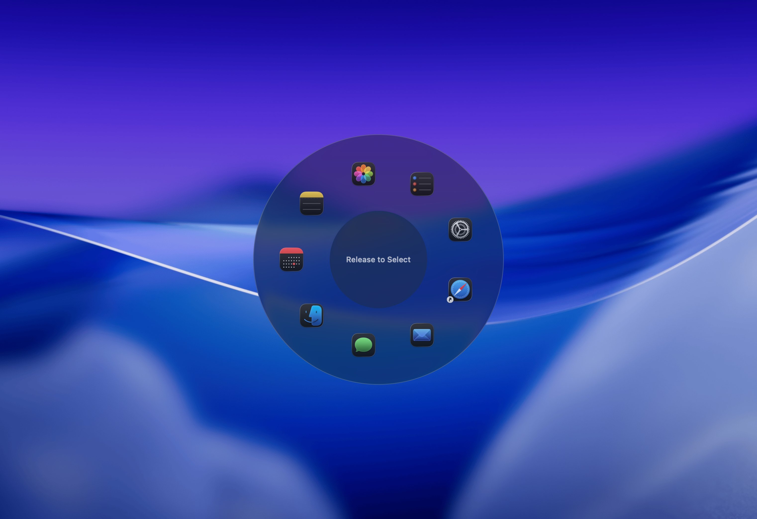 Radial pie menu app launcher for macOS appearing at the cursor