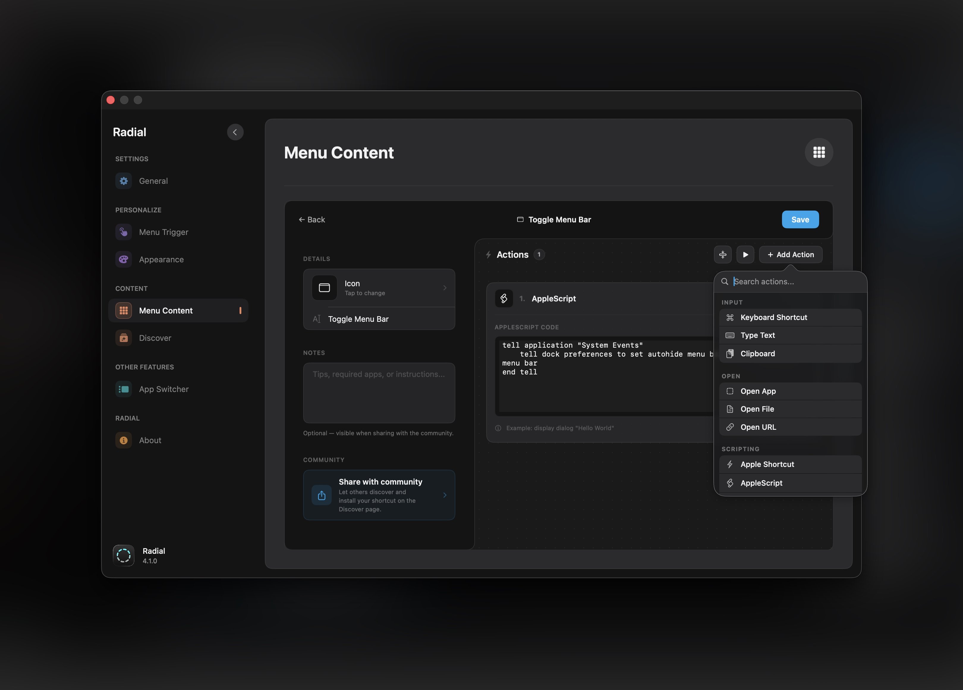 Shortcut Editor Page - Dark